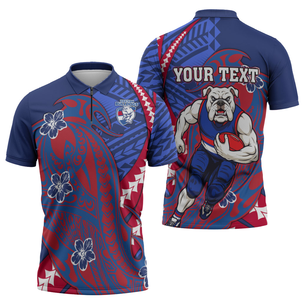 Personalized Western Bulldogs Zipper Polo Shirt Polynesian Tribal Bulldog Mascot With Hibiscus Floral Art