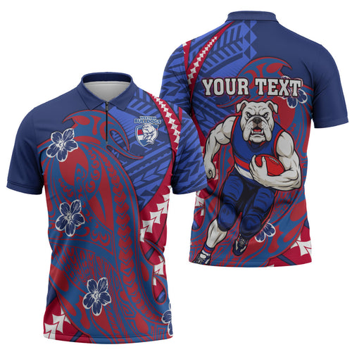 Personalized Western Bulldogs Zipper Polo Shirt Polynesian Tribal Bulldog Mascot With Hibiscus Floral Art
