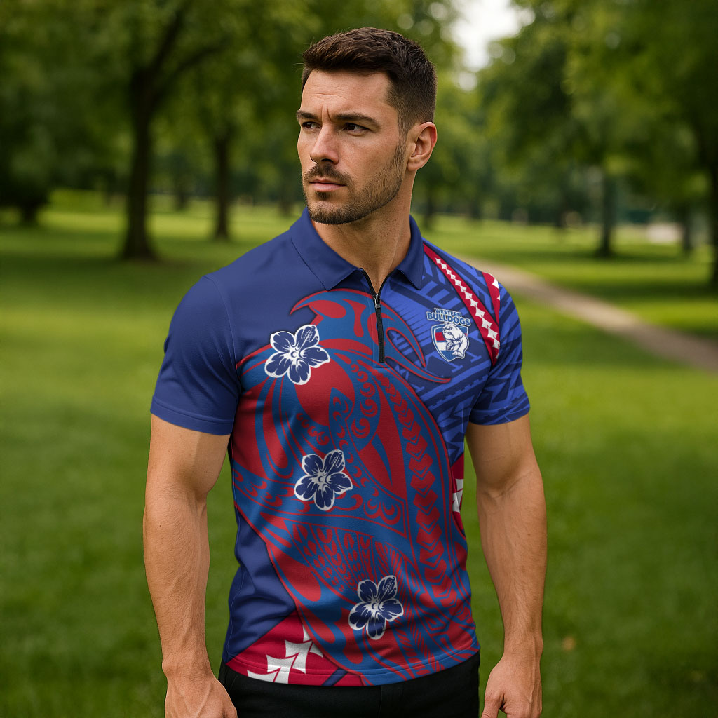Personalized Western Bulldogs Zipper Polo Shirt Polynesian Tribal Bulldog Mascot With Hibiscus Floral Art