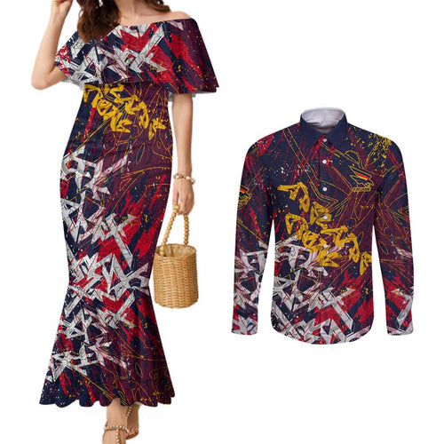 Adelaide Crows Couples Matching Mermaid Dress and Long Sleeve Button Shirt Street Art Urban Graffiti Football