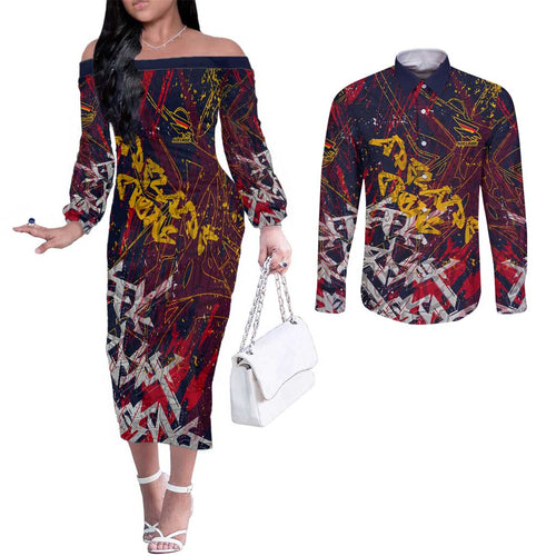 Adelaide Crows Couples Matching Off The Shoulder Long Sleeve Dress and Long Sleeve Button Shirt Street Art Urban Graffiti Football