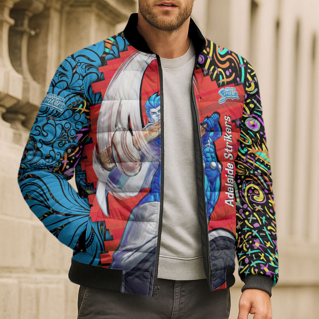 Personalized Adelaide Strikers Bomber Puffer Jacket Hippie Psychedelic Pattern Vibrant Mandala Art Style