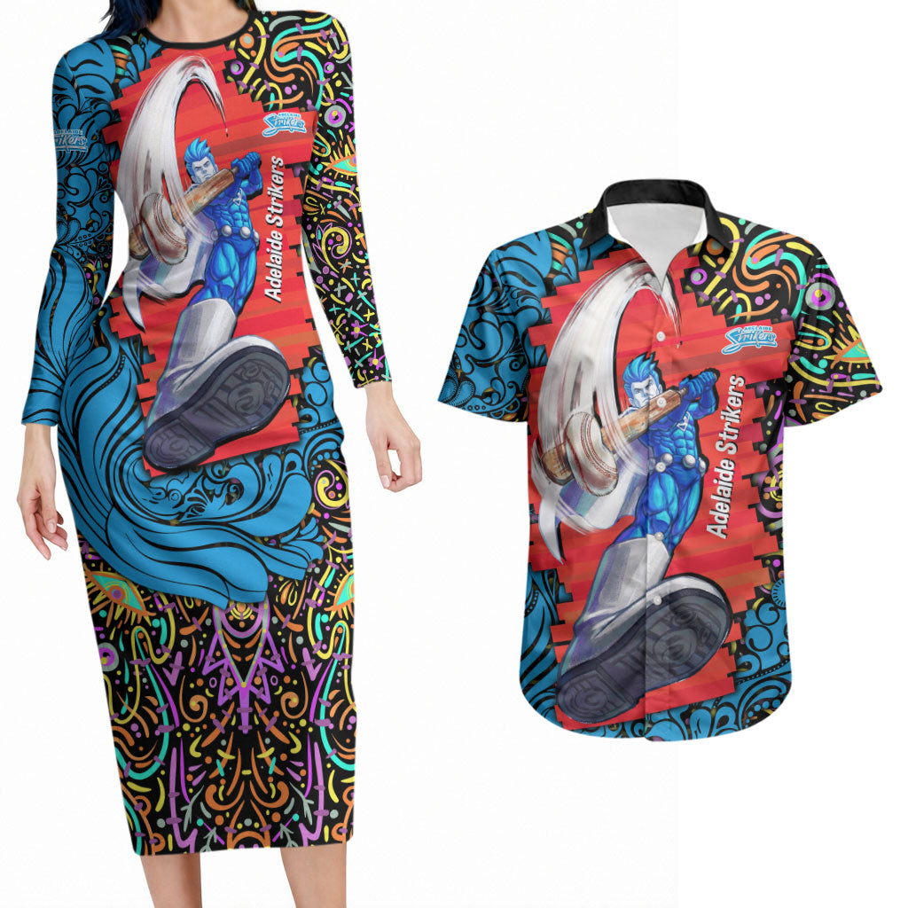 Personalized Adelaide Strikers Couples Matching Long Sleeve Bodycon Dress and Hawaiian Shirt Hippie Psychedelic Pattern Vibrant Mandala Art Style