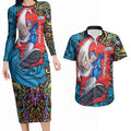 Personalized Adelaide Strikers Couples Matching Long Sleeve Bodycon Dress and Hawaiian Shirt Hippie Psychedelic Pattern Vibrant Mandala Art Style
