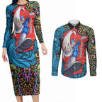 Personalized Adelaide Strikers Couples Matching Long Sleeve Bodycon Dress and Long Sleeve Button Shirt Hippie Psychedelic Pattern Vibrant Mandala Art Style