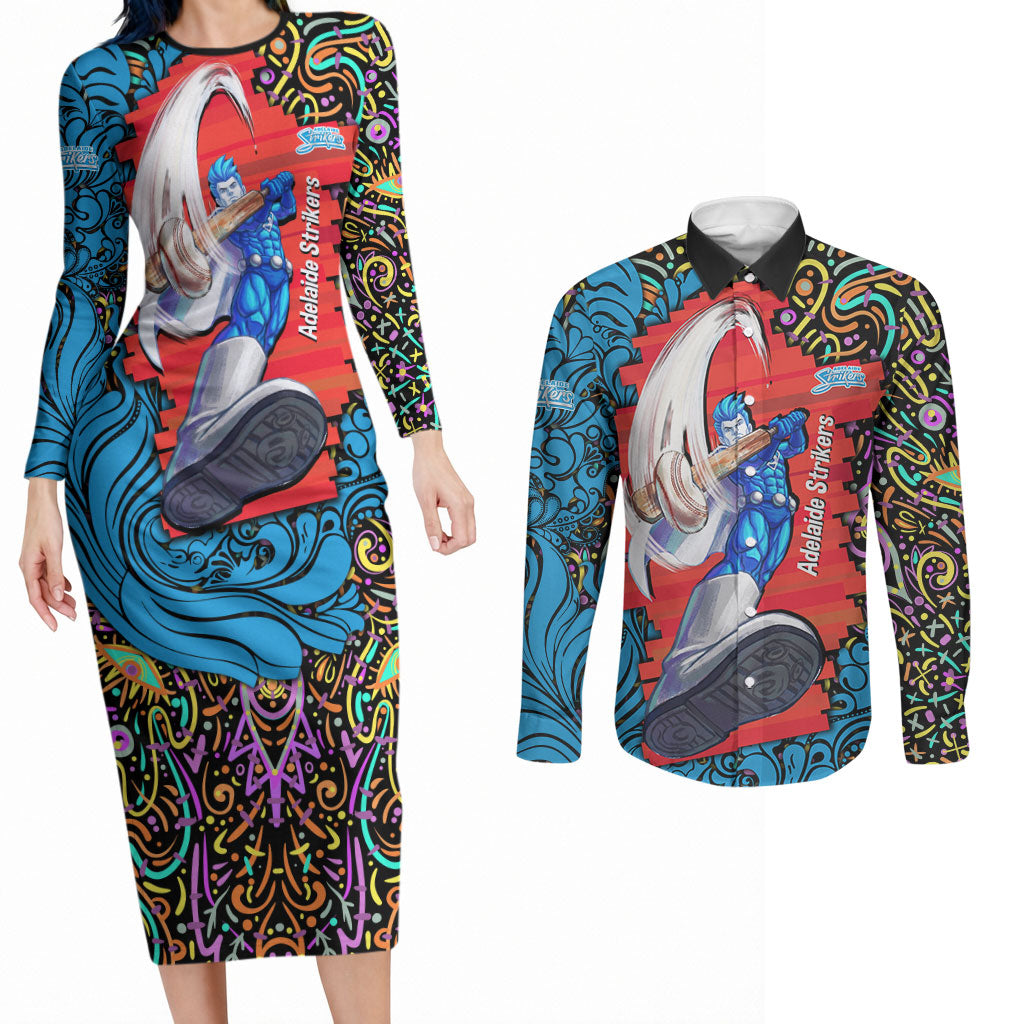 Personalized Adelaide Strikers Couples Matching Long Sleeve Bodycon Dress and Long Sleeve Button Shirt Hippie Psychedelic Pattern Vibrant Mandala Art Style
