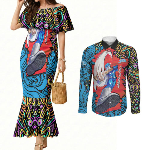 Personalized Adelaide Strikers Couples Matching Mermaid Dress and Long Sleeve Button Shirt Hippie Psychedelic Pattern Vibrant Mandala Art Style