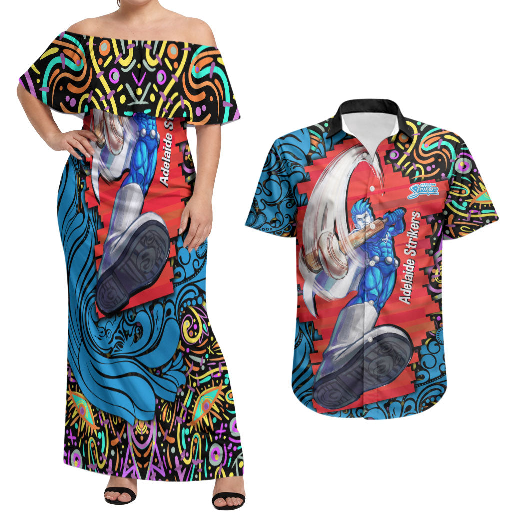 Personalized Adelaide Strikers Couples Matching Off Shoulder Maxi Dress and Hawaiian Shirt Hippie Psychedelic Pattern Vibrant Mandala Art Style