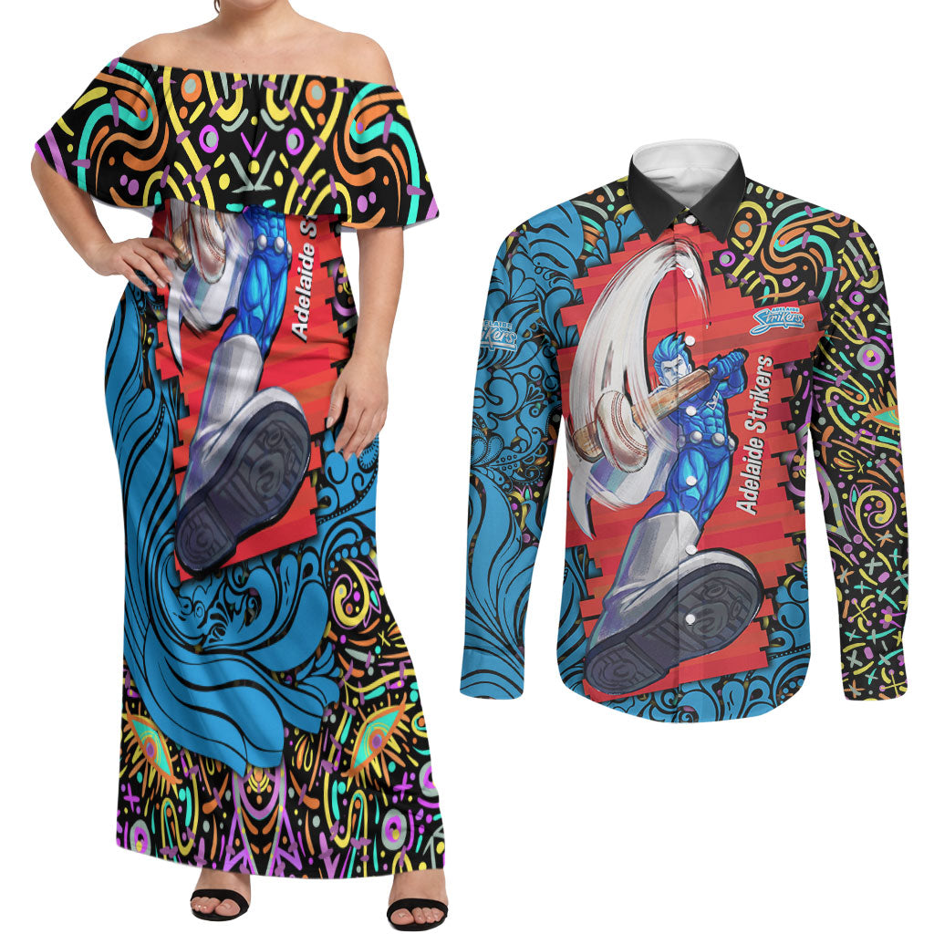 Personalized Adelaide Strikers Couples Matching Off Shoulder Maxi Dress and Long Sleeve Button Shirt Hippie Psychedelic Pattern Vibrant Mandala Art Style