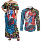 Personalized Adelaide Strikers Couples Matching Off Shoulder Maxi Dress and Long Sleeve Button Shirt Hippie Psychedelic Pattern Vibrant Mandala Art Style