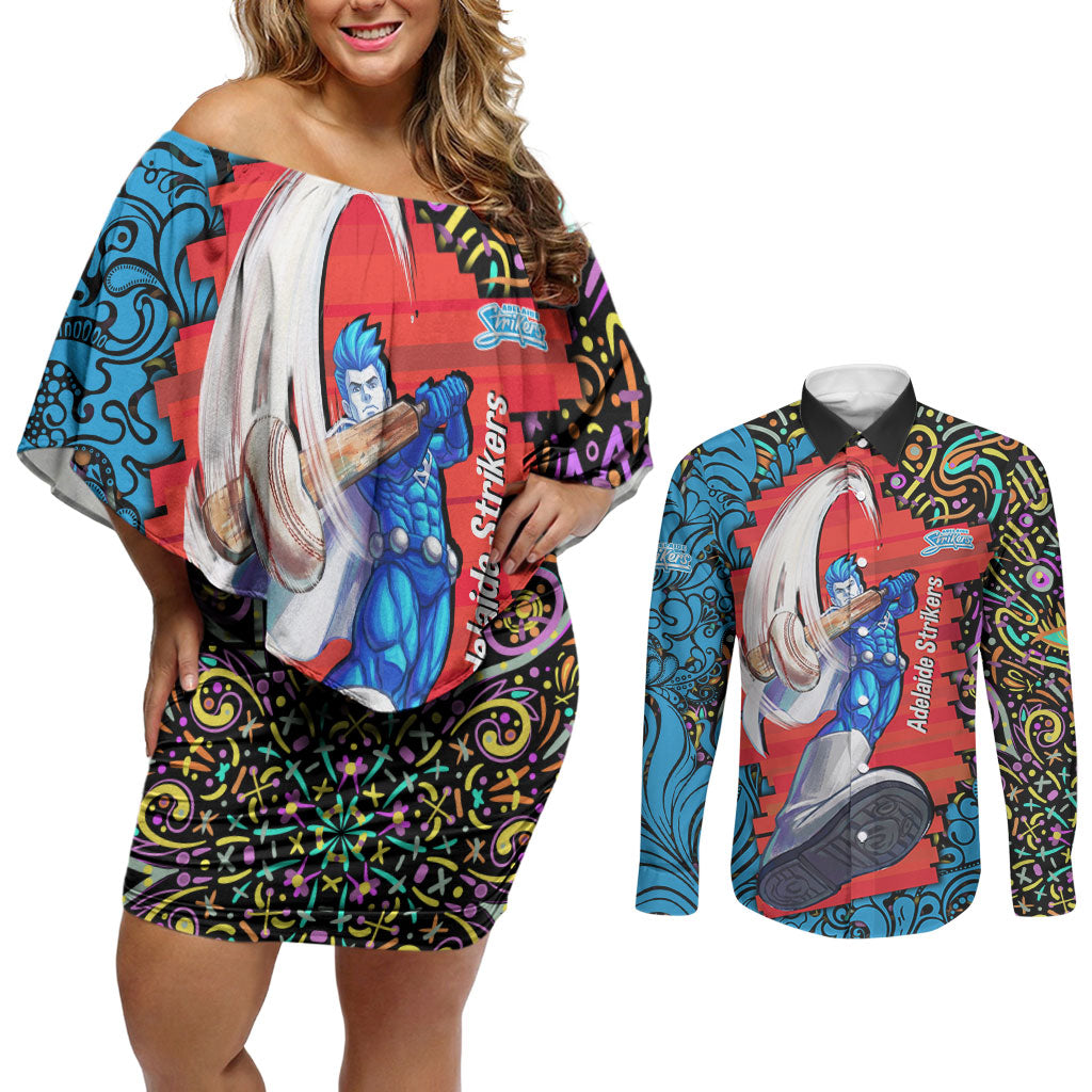 Personalized Adelaide Strikers Couples Matching Off Shoulder Short Dress and Long Sleeve Button Shirt Hippie Psychedelic Pattern Vibrant Mandala Art Style