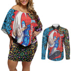 Personalized Adelaide Strikers Couples Matching Off Shoulder Short Dress and Long Sleeve Button Shirt Hippie Psychedelic Pattern Vibrant Mandala Art Style