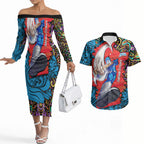 Personalized Adelaide Strikers Couples Matching Off The Shoulder Long Sleeve Dress and Hawaiian Shirt Hippie Psychedelic Pattern Vibrant Mandala Art Style