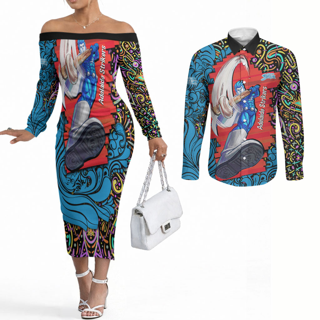 Personalized Adelaide Strikers Couples Matching Off The Shoulder Long Sleeve Dress and Long Sleeve Button Shirt Hippie Psychedelic Pattern Vibrant Mandala Art Style