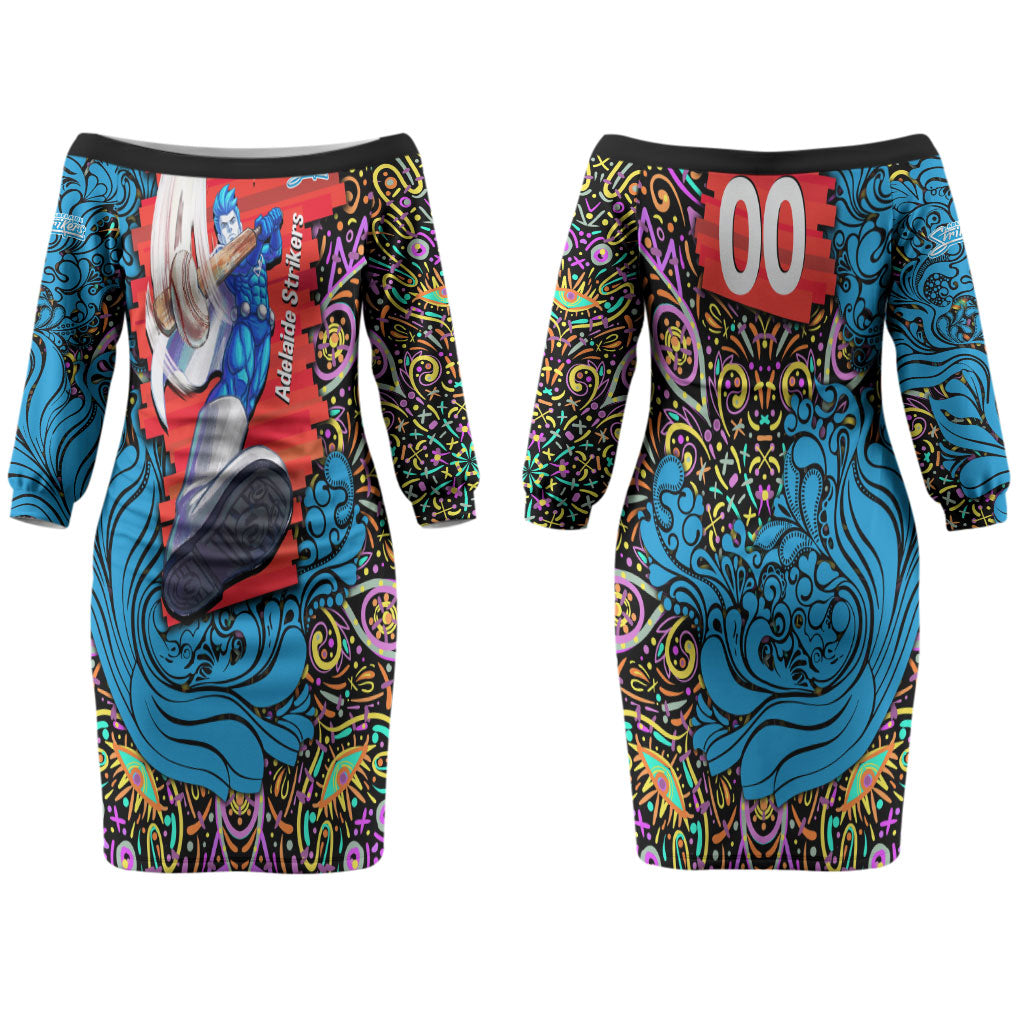 Personalized Adelaide Strikers Couples Matching Off The Shoulder Long Sleeve Dress and Long Sleeve Button Shirt Hippie Psychedelic Pattern Vibrant Mandala Art Style
