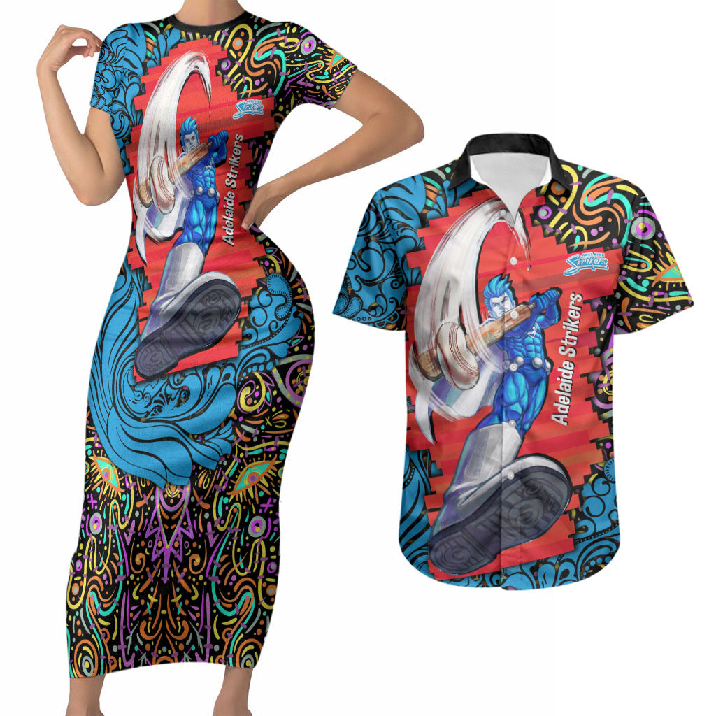 Personalized Adelaide Strikers Couples Matching Short Sleeve Bodycon Dress and Hawaiian Shirt Hippie Psychedelic Pattern Vibrant Mandala Art Style