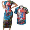 Personalized Adelaide Strikers Couples Matching Short Sleeve Bodycon Dress and Hawaiian Shirt Hippie Psychedelic Pattern Vibrant Mandala Art Style