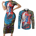 Personalized Adelaide Strikers Couples Matching Short Sleeve Bodycon Dress and Long Sleeve Button Shirt Hippie Psychedelic Pattern Vibrant Mandala Art Style