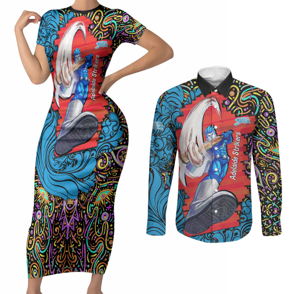 Personalized Adelaide Strikers Couples Matching Short Sleeve Bodycon Dress and Long Sleeve Button Shirt Hippie Psychedelic Pattern Vibrant Mandala Art Style
