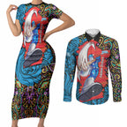 Personalized Adelaide Strikers Couples Matching Short Sleeve Bodycon Dress and Long Sleeve Button Shirt Hippie Psychedelic Pattern Vibrant Mandala Art Style