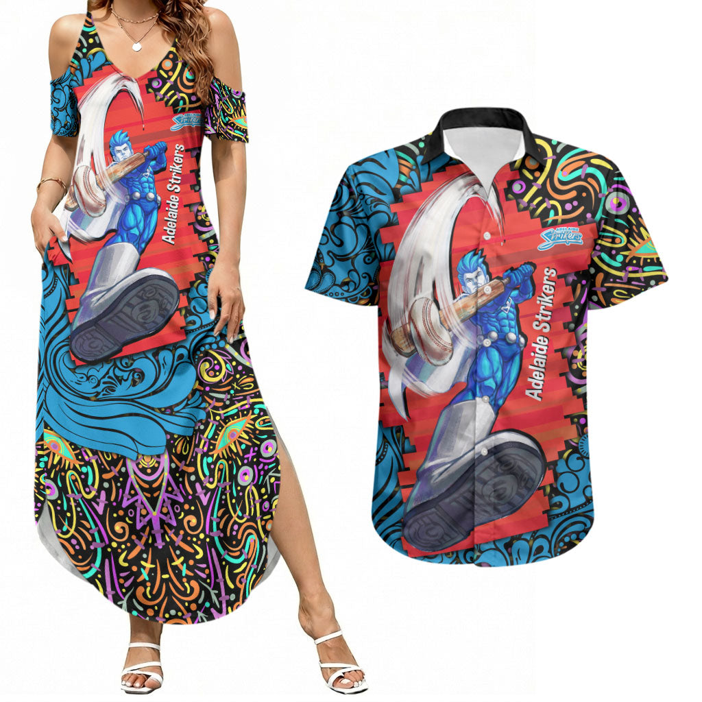 Personalized Adelaide Strikers Couples Matching Summer Maxi Dress and Hawaiian Shirt Hippie Psychedelic Pattern Vibrant Mandala Art Style