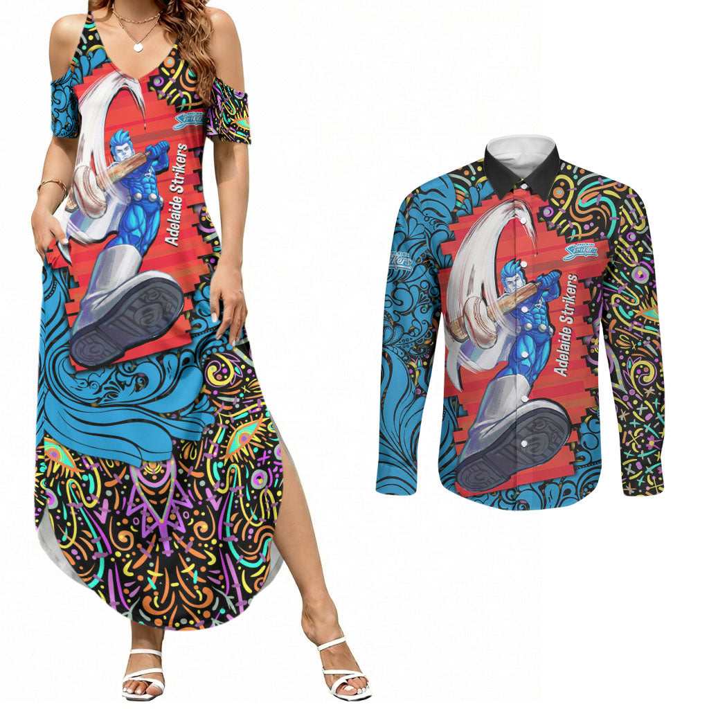 Personalized Adelaide Strikers Couples Matching Summer Maxi Dress and Long Sleeve Button Shirt Hippie Psychedelic Pattern Vibrant Mandala Art Style