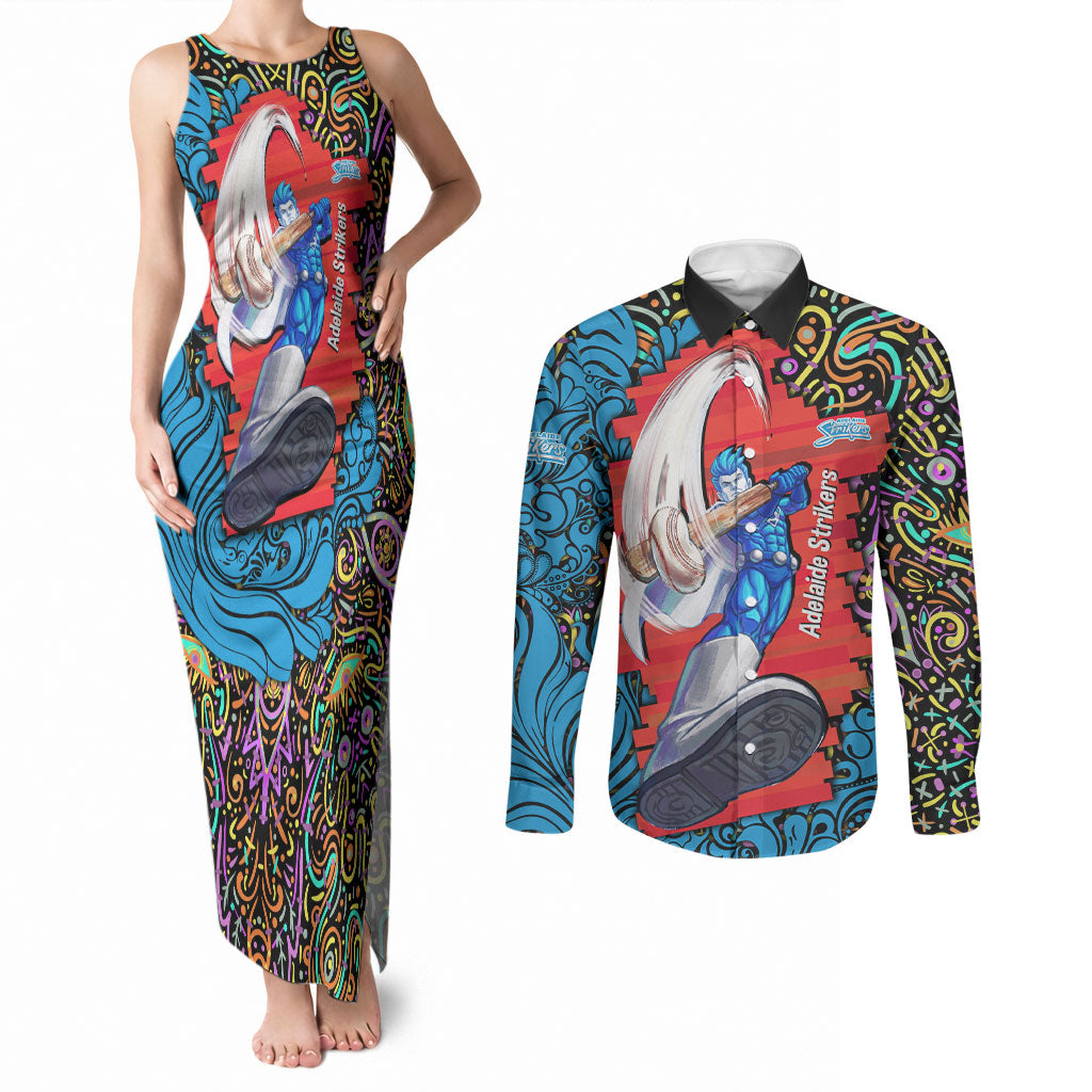 Personalized Adelaide Strikers Couples Matching Tank Maxi Dress and Long Sleeve Button Shirt Hippie Psychedelic Pattern Vibrant Mandala Art Style