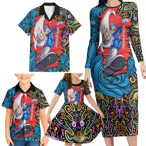 Personalized Adelaide Strikers Family Matching Long Sleeve Bodycon Dress and Hawaiian Shirt Hippie Psychedelic Pattern Vibrant Mandala Art Style