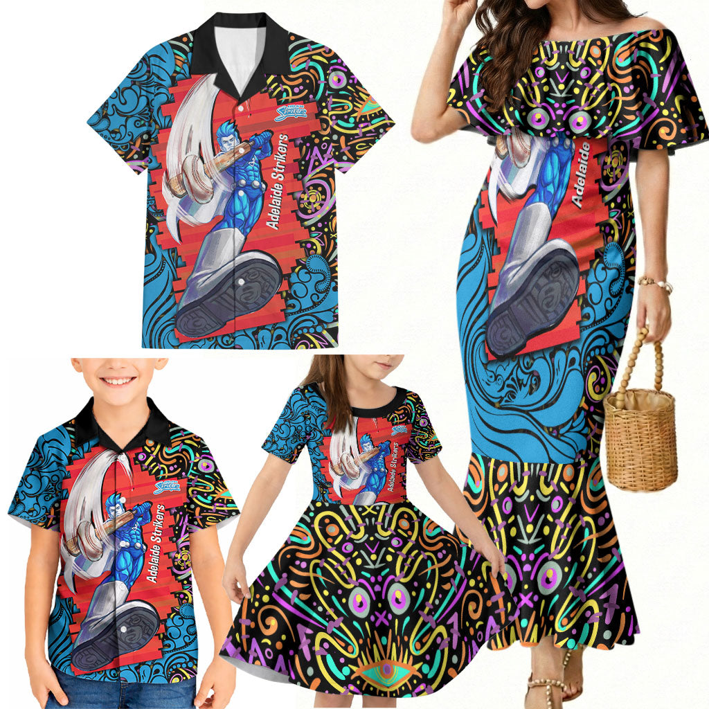 Personalized Adelaide Strikers Family Matching Mermaid Dress and Hawaiian Shirt Hippie Psychedelic Pattern Vibrant Mandala Art Style