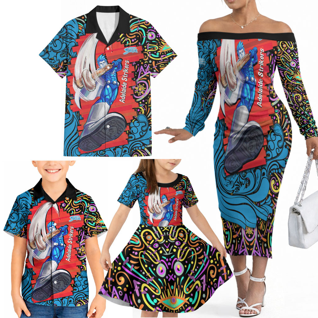 Personalized Adelaide Strikers Family Matching Off The Shoulder Long Sleeve Dress and Hawaiian Shirt Hippie Psychedelic Pattern Vibrant Mandala Art Style