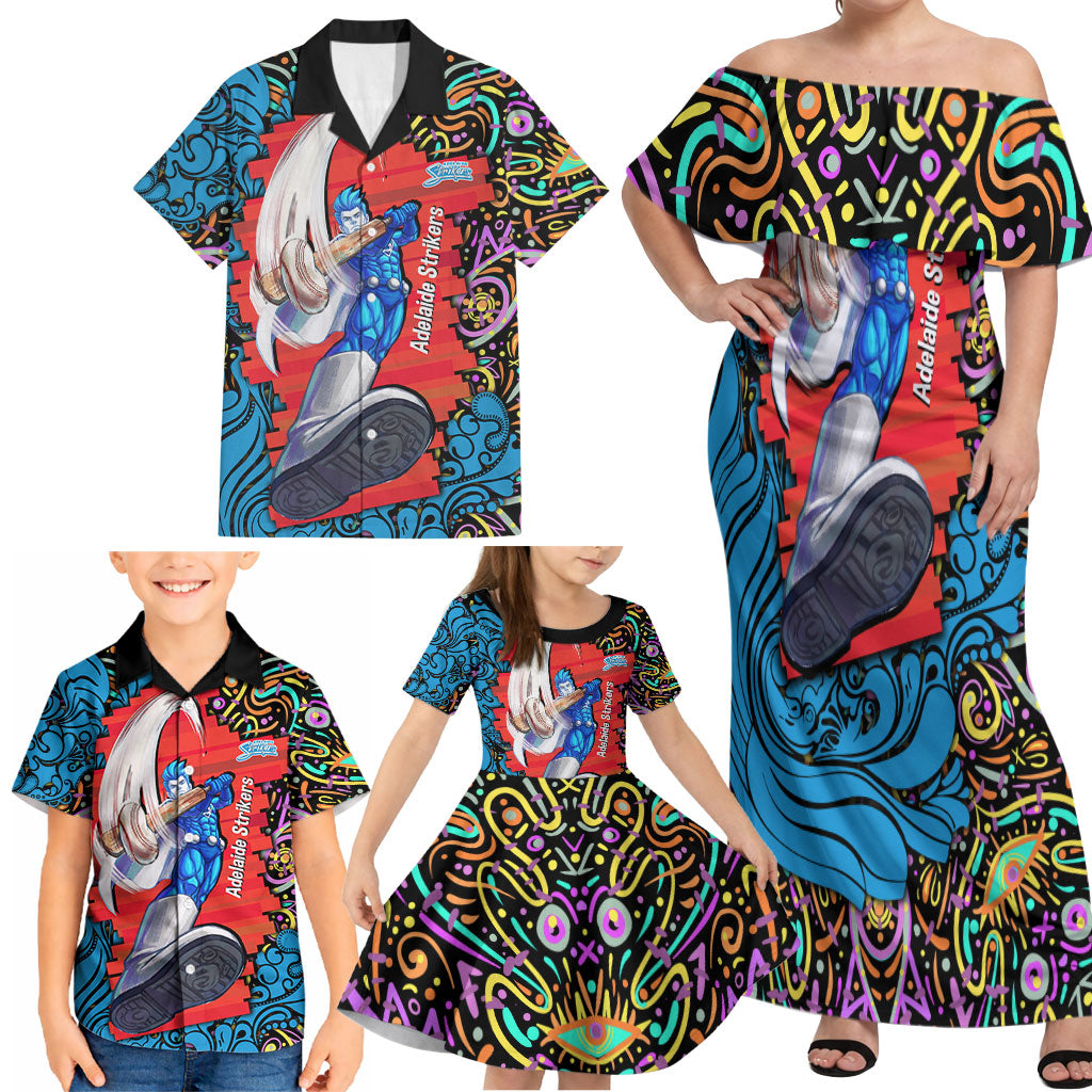 Personalized Adelaide Strikers Family Matching Off Shoulder Maxi Dress and Hawaiian Shirt Hippie Psychedelic Pattern Vibrant Mandala Art Style
