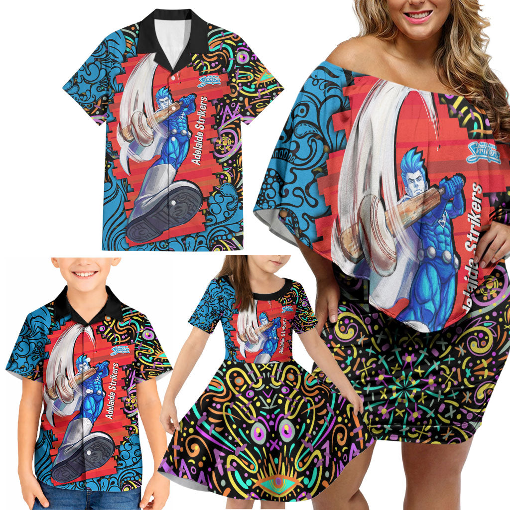Personalized Adelaide Strikers Family Matching Off Shoulder Short Dress and Hawaiian Shirt Hippie Psychedelic Pattern Vibrant Mandala Art Style
