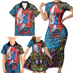 Personalized Adelaide Strikers Family Matching Short Sleeve Bodycon Dress and Hawaiian Shirt Hippie Psychedelic Pattern Vibrant Mandala Art Style