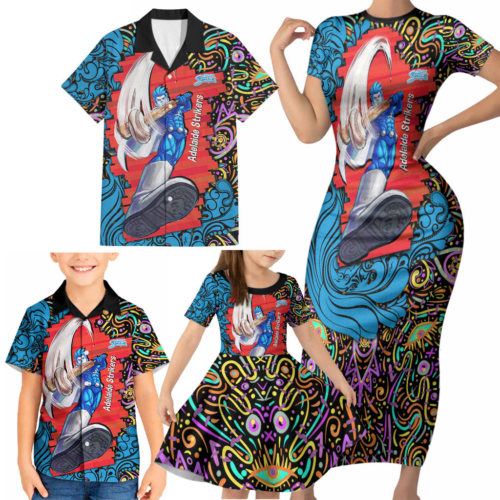 Personalized Adelaide Strikers Family Matching Short Sleeve Bodycon Dress and Hawaiian Shirt Hippie Psychedelic Pattern Vibrant Mandala Art Style