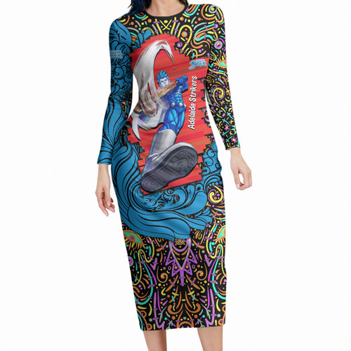 Personalized Adelaide Strikers Long Sleeve Bodycon Dress Hippie Psychedelic Pattern Vibrant Mandala Art Style