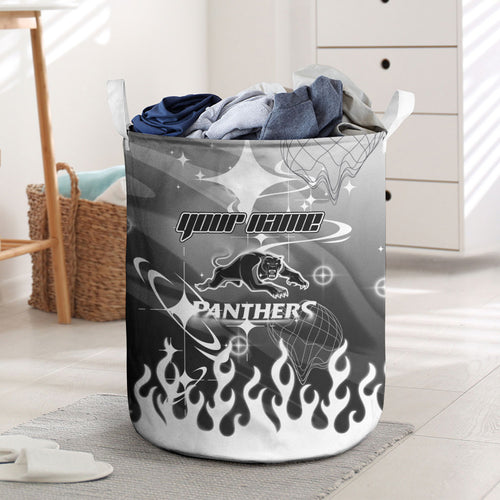 Personalized Penrith Panthers Laundry Basket Y2K Grunge Aesthetic With Cyber Flames and Starburst Graphics