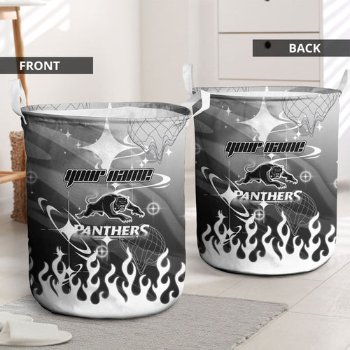 Personalized Penrith Panthers Laundry Basket Y2K Grunge Aesthetic With Cyber Flames and Starburst Graphics