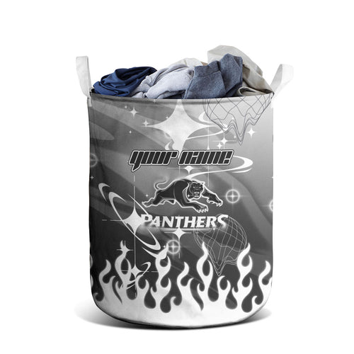 Personalized Penrith Panthers Laundry Basket Y2K Grunge Aesthetic With Cyber Flames and Starburst Graphics
