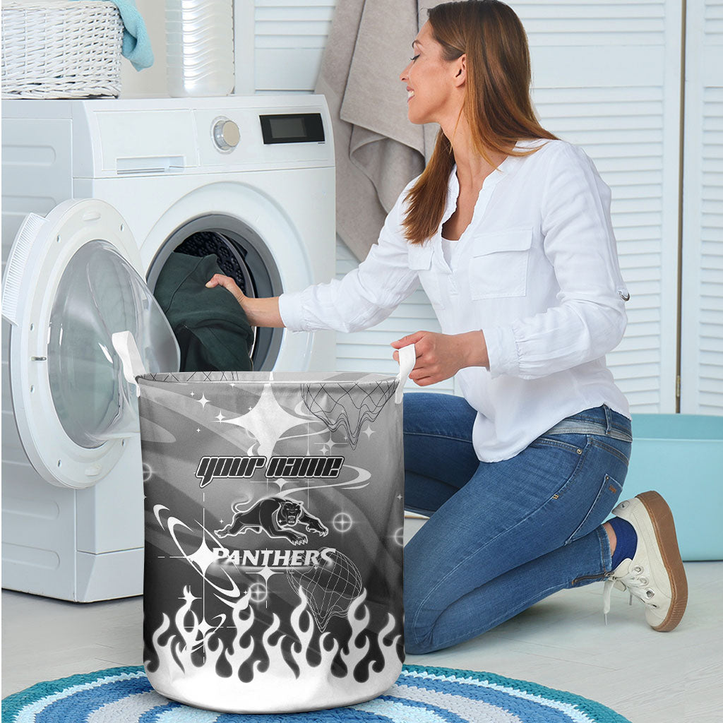 Personalized Penrith Panthers Laundry Basket Y2K Grunge Aesthetic With Cyber Flames and Starburst Graphics
