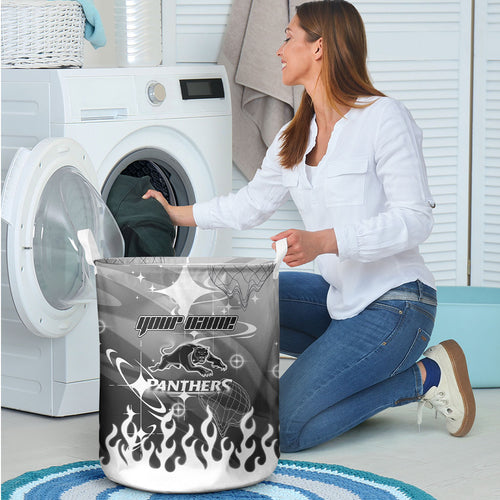 Personalized Penrith Panthers Laundry Basket Y2K Grunge Aesthetic With Cyber Flames and Starburst Graphics