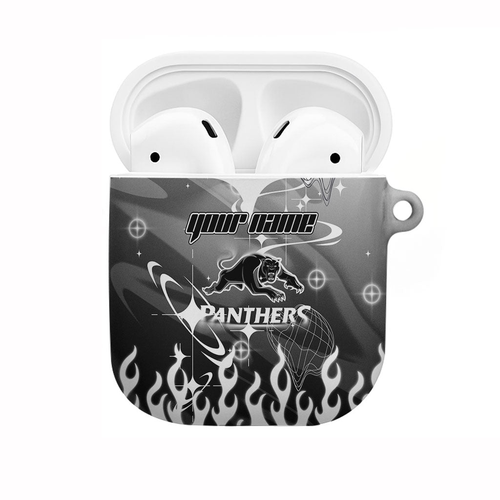 Personalized Penrith Panthers AirPods Case Y2K Grunge Aesthetic With Cyber Flames and Starburst Graphics