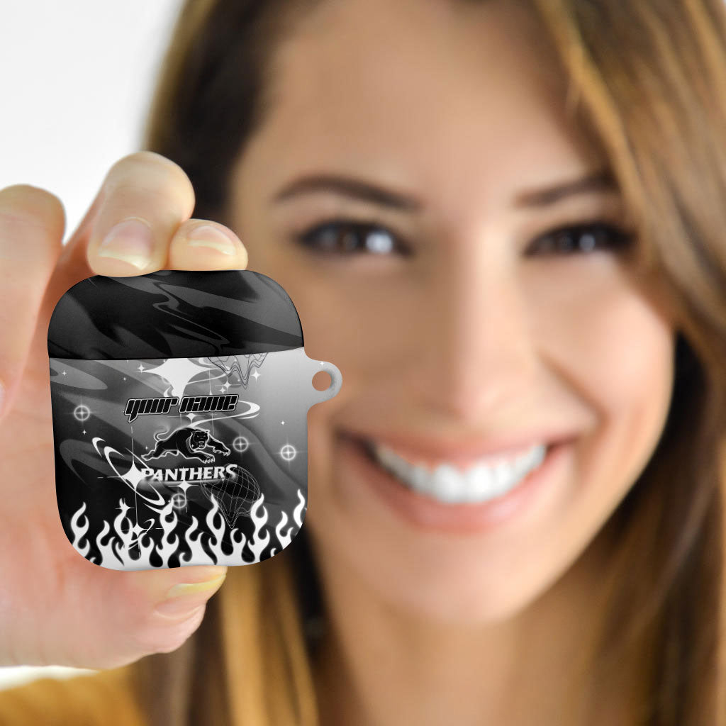 Personalized Penrith Panthers AirPods Case Y2K Grunge Aesthetic With Cyber Flames and Starburst Graphics
