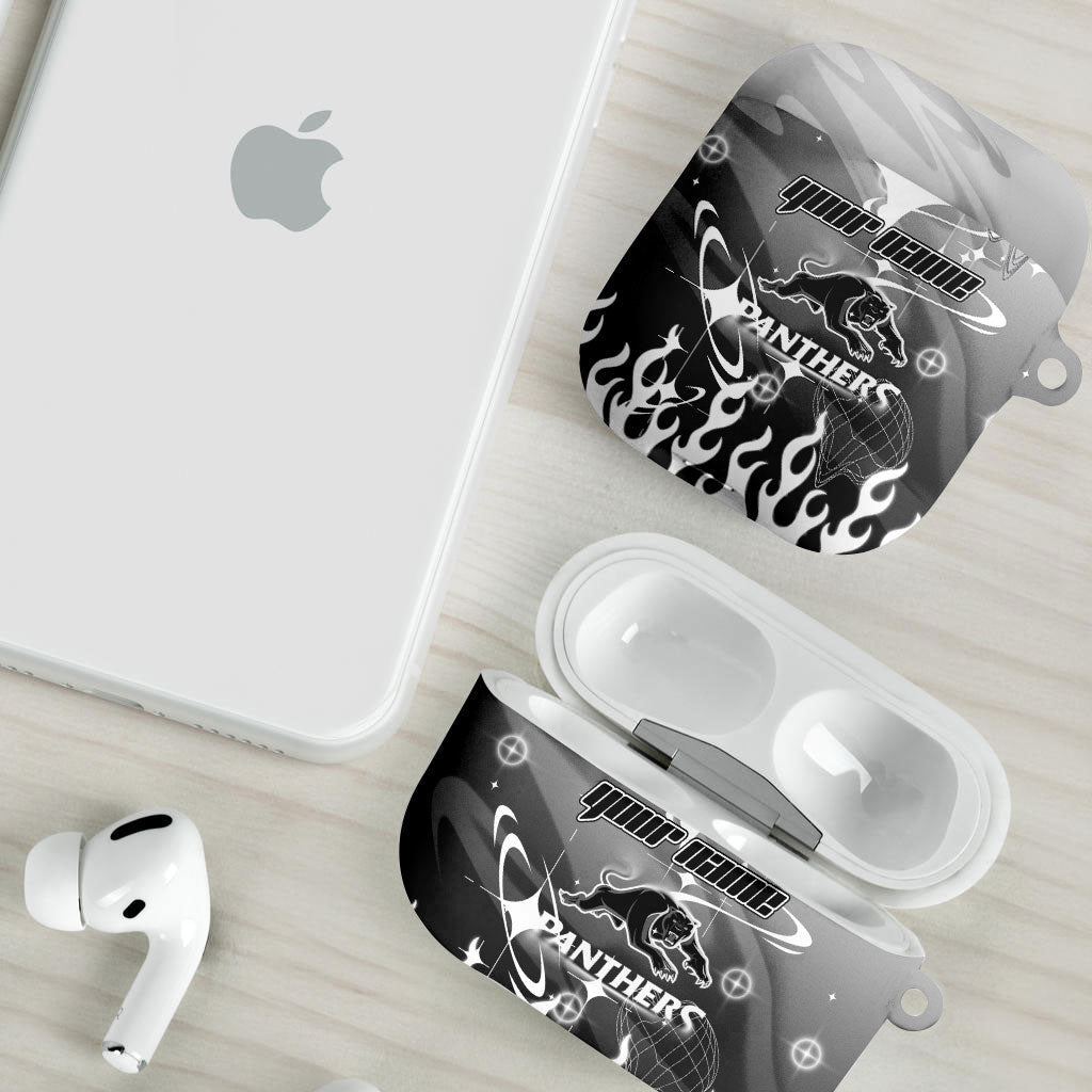 Personalized Penrith Panthers AirPods Case Y2K Grunge Aesthetic With Cyber Flames and Starburst Graphics