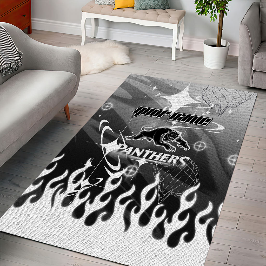 Personalized Penrith Panthers Area Rug Y2K Grunge Aesthetic With Cyber Flames and Starburst Graphics