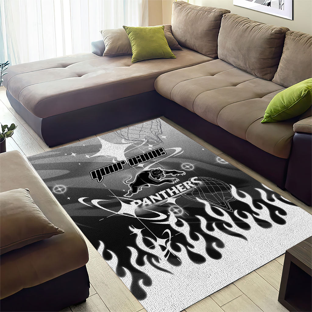 Personalized Penrith Panthers Area Rug Y2K Grunge Aesthetic With Cyber Flames and Starburst Graphics