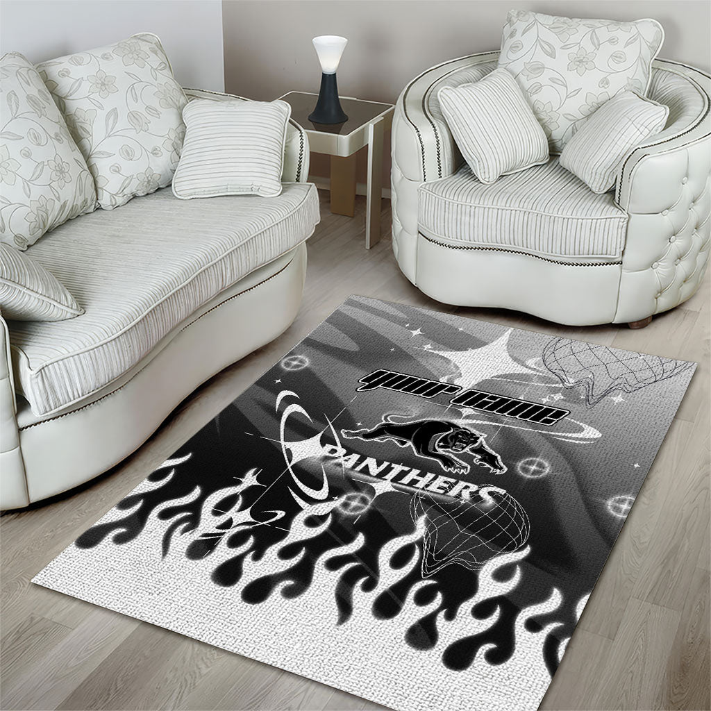 Personalized Penrith Panthers Area Rug Y2K Grunge Aesthetic With Cyber Flames and Starburst Graphics