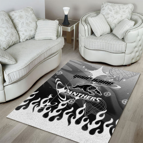 Personalized Penrith Panthers Area Rug Y2K Grunge Aesthetic With Cyber Flames and Starburst Graphics