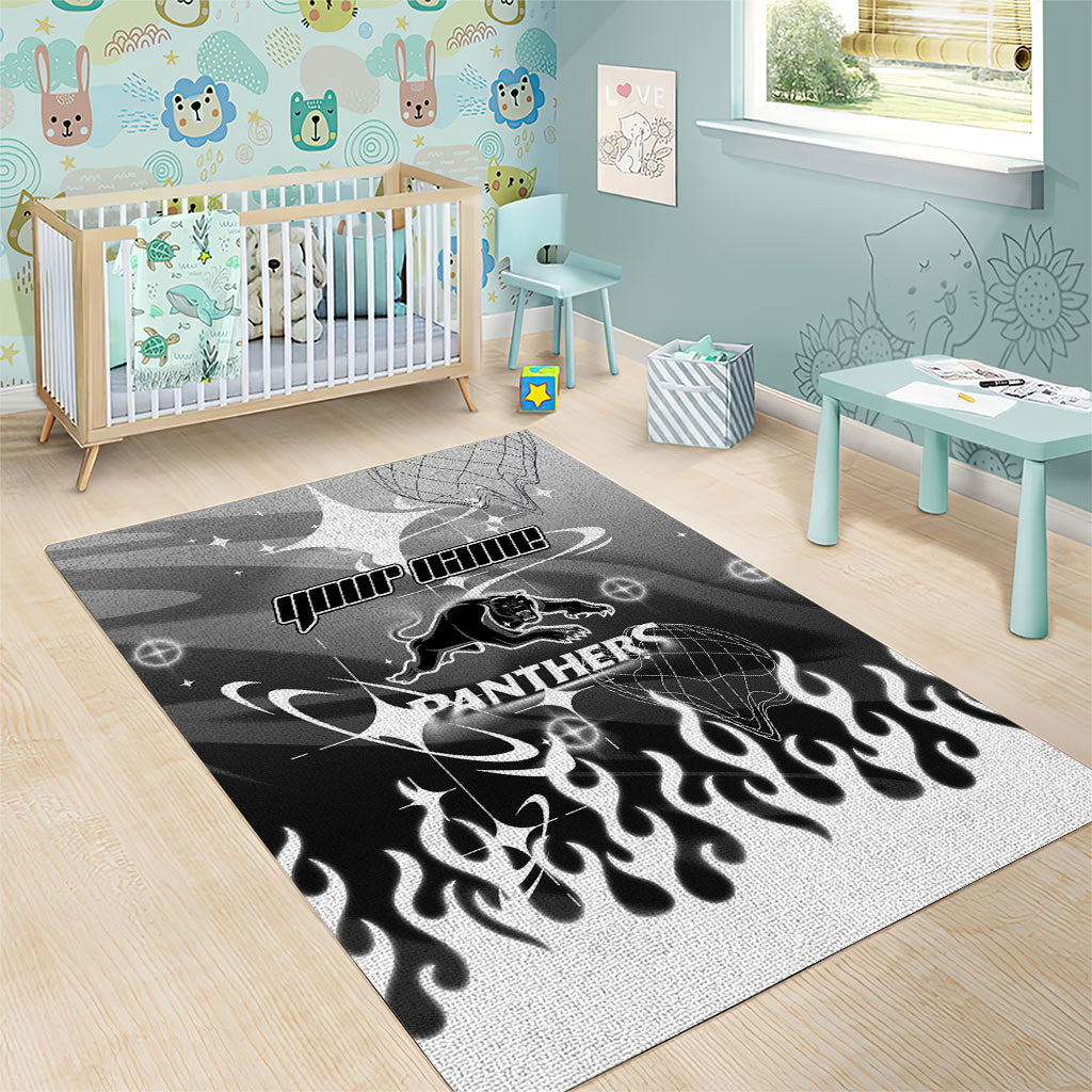 Personalized Penrith Panthers Area Rug Y2K Grunge Aesthetic With Cyber Flames and Starburst Graphics