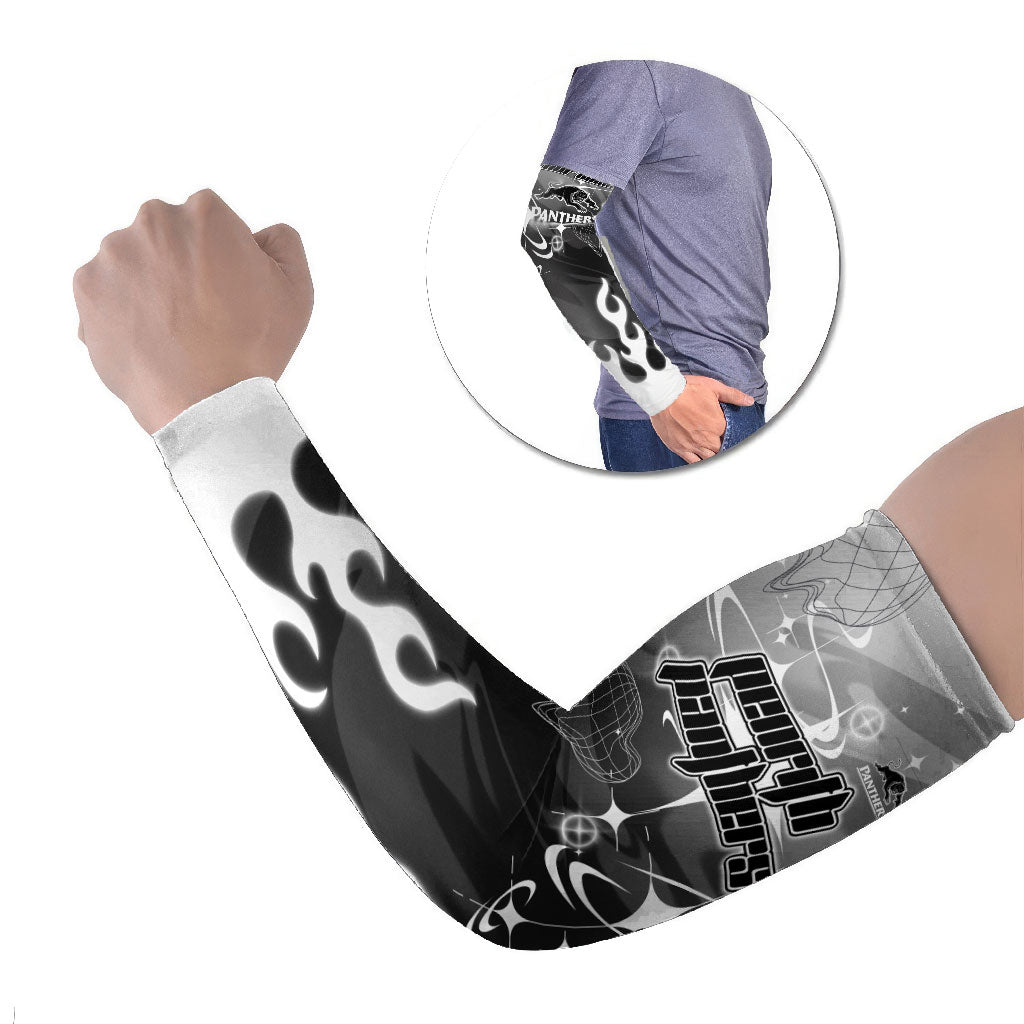 Personalized Penrith Panthers Arm Sleeves Y2K Grunge Aesthetic With Cyber Flames and Starburst Graphics