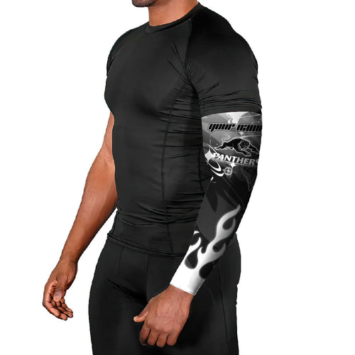 Personalized Penrith Panthers Arm Sleeves Y2K Grunge Aesthetic With Cyber Flames and Starburst Graphics